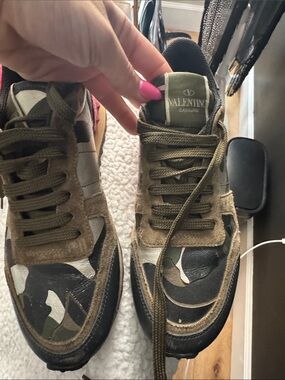 Valentino Garavani Olive Camo Mixed-Media Lace-Up Sneakers